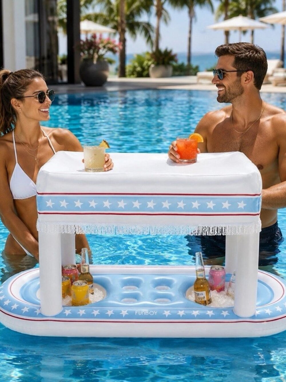 FUNBOY Giant Floating Red, White & Blue Cabana Stripe Drink Station Pool Bar